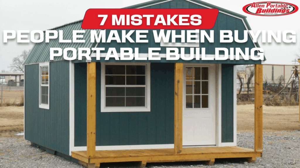 Portable shed on uneven backyard slope, showing buying mistake example
